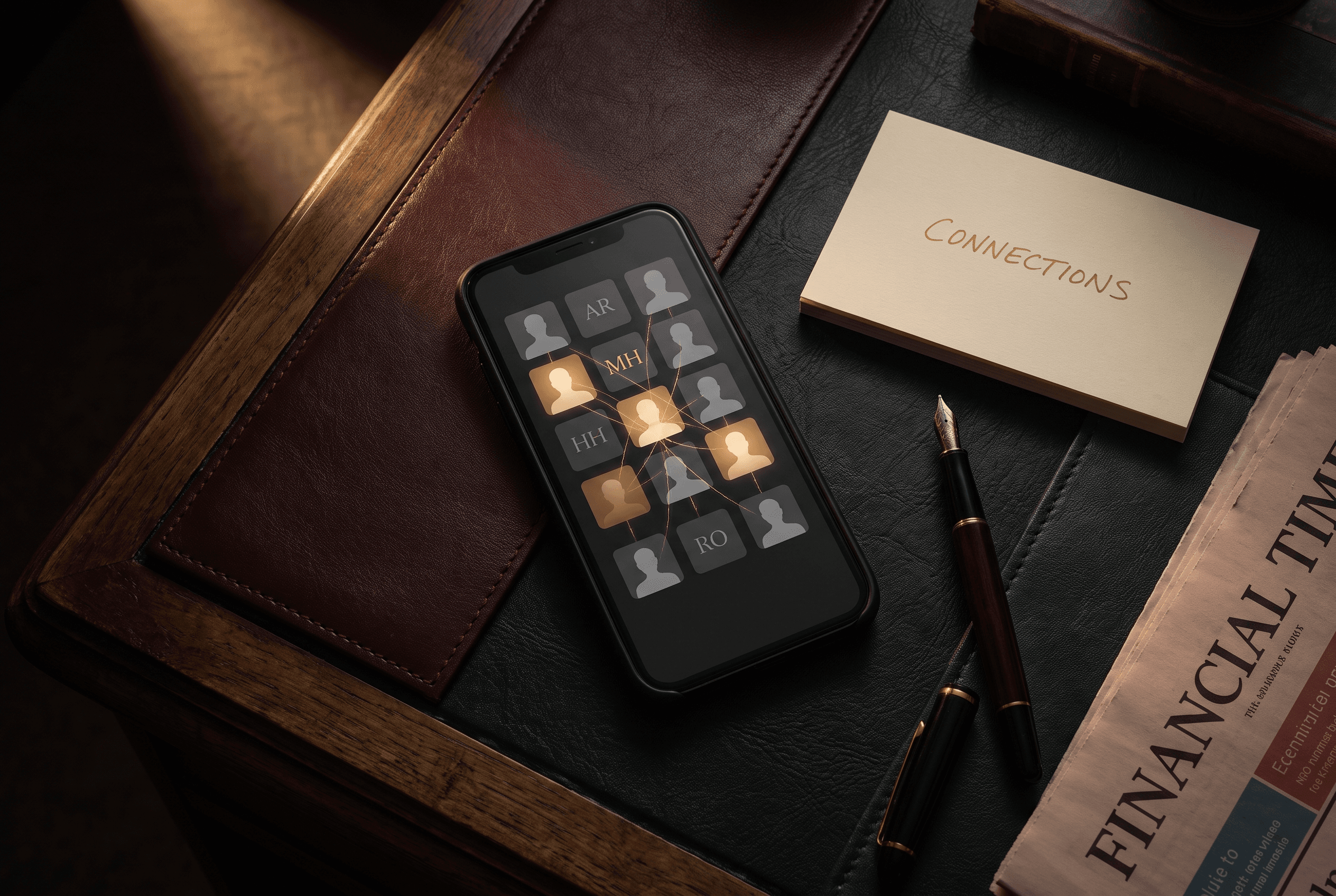 A phone of dormant contacts on a desk — most dim, a few lit and connected